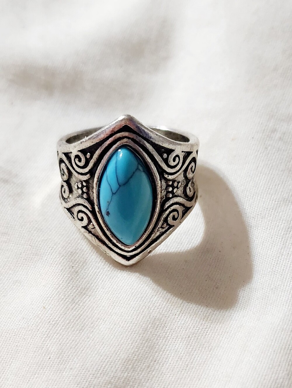 Source Unknown Turquoise Marquise Stone Silver-Tone Filigree Women's Ring